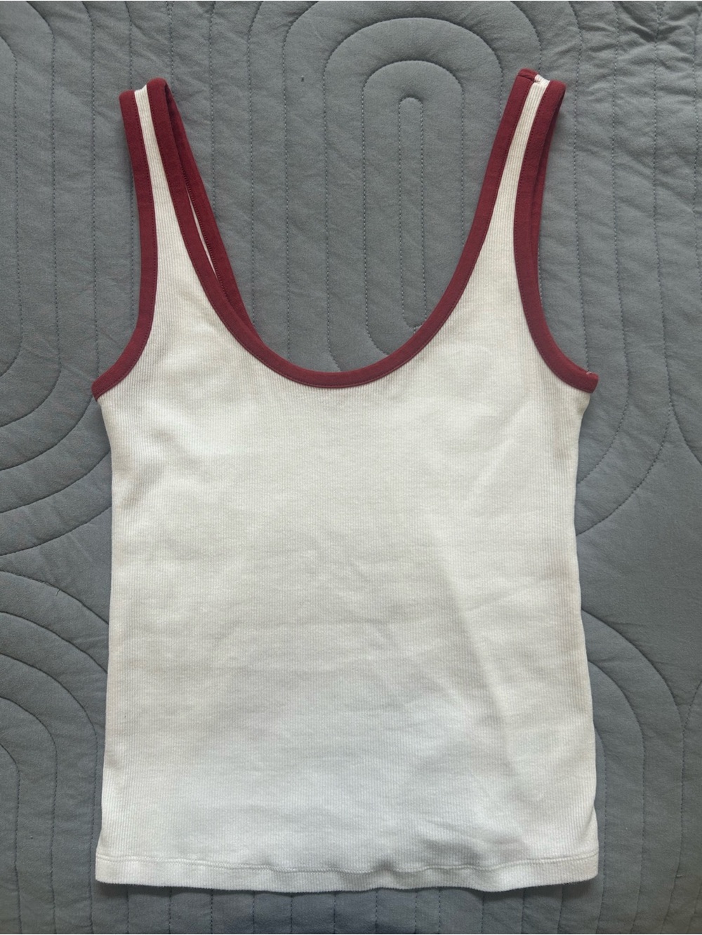 Aerie White Ribbed Tank with Burgundy Trim
